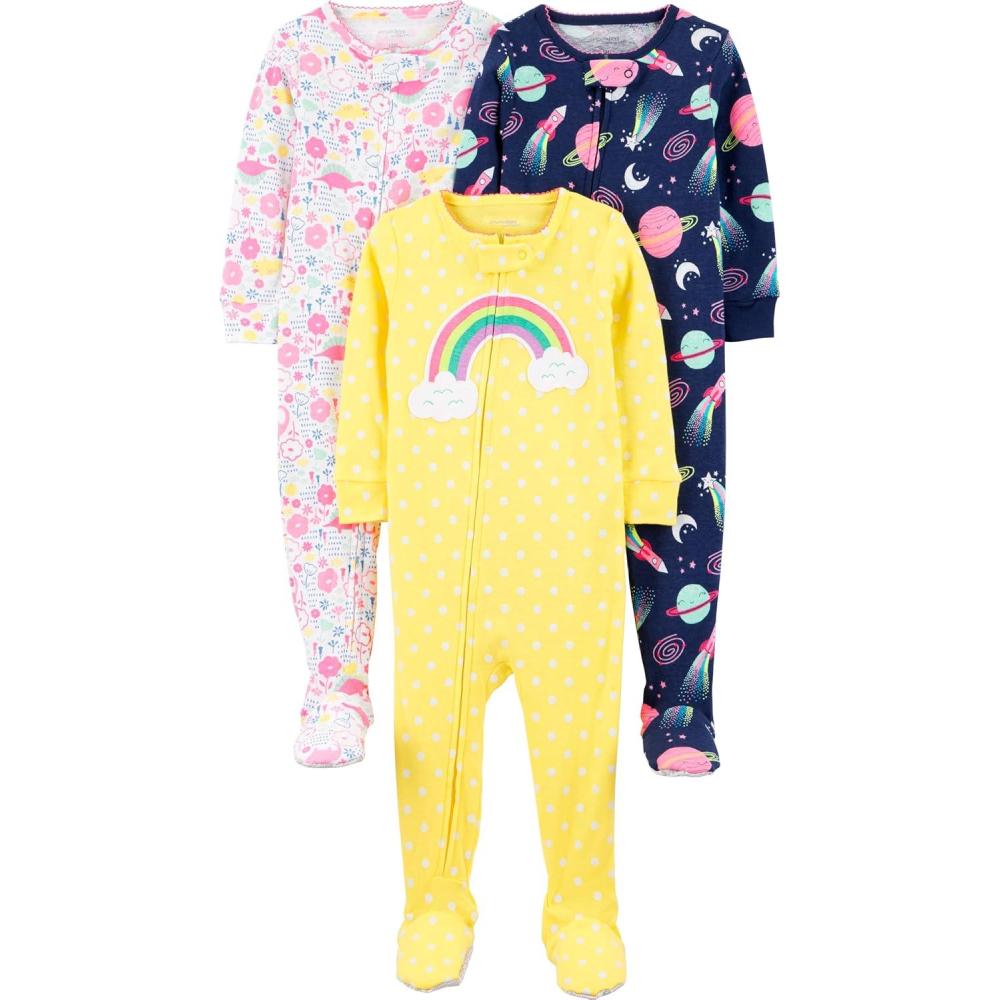 imageSimple Joys by Carters Girls 3pack Snug Fit Footed Cotton PajamasNavy SpaceWhite DinosaurYellow Dots