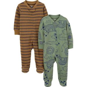 Simple Joys by Carter’s baby-boys 2-pack 2-way Zip Cotton Footed Sleep and Play(Brown Double Stripe/Olive Forest Animals)