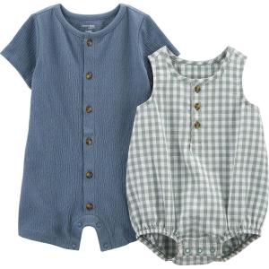 Simple Joys by Carter’s Baby Boys’ Button Rompers, Pack of 2(Green Gingham/Tapestry Blue)