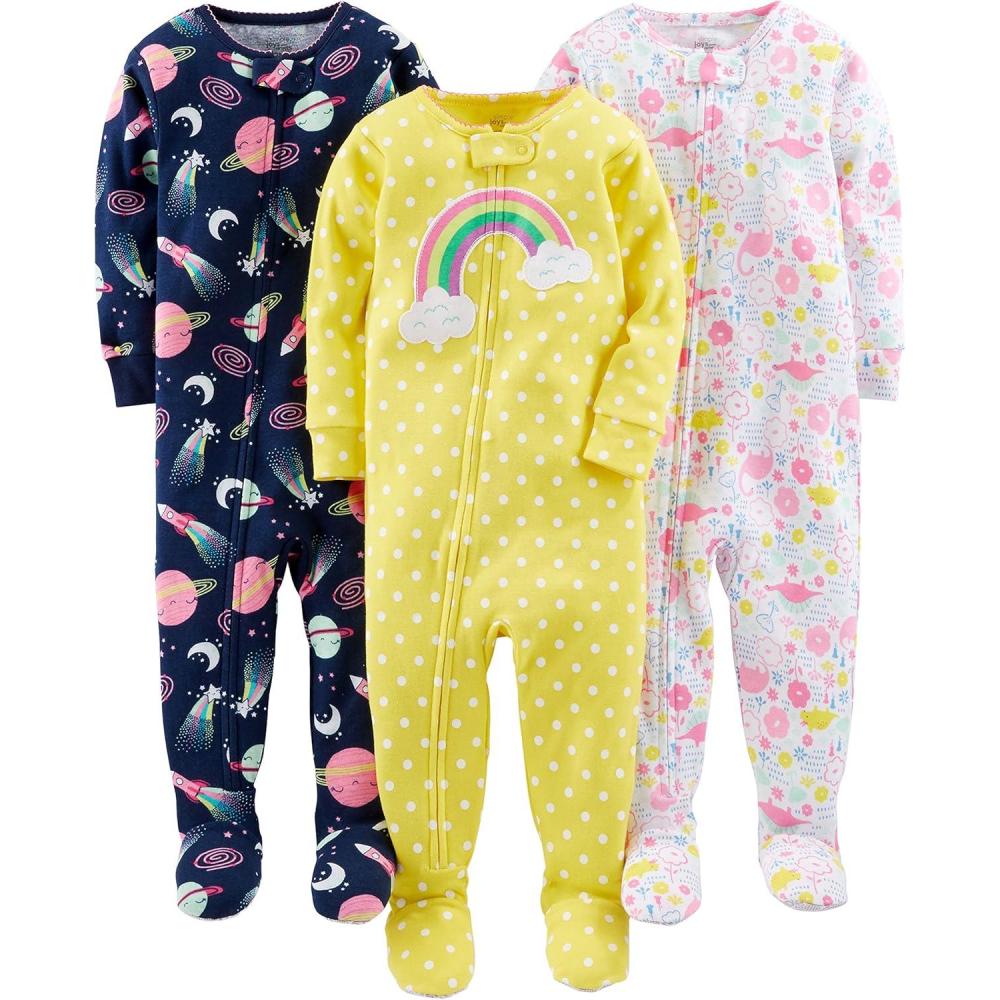 imageSimple Joys by Carters Girls 3pack Snug Fit Footed Cotton PajamasYellow DotsNavy SpaceWhite Dinosaurs