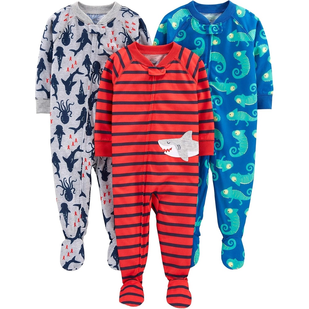 image:imageSimple Joys by Carters Baby Boys LooseFit Polyester Jersey Footed PajamasBlue ChameleonGrey SharkRed Stripe