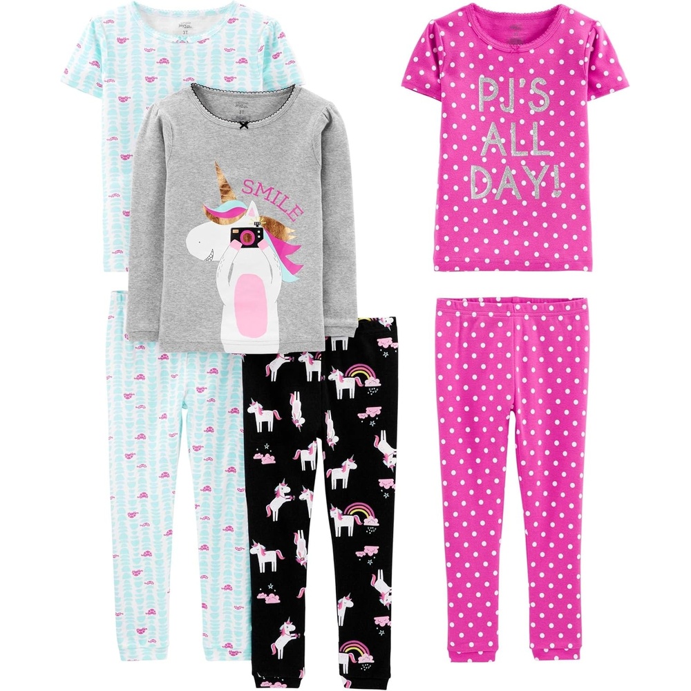 image:imageSimple Joys by Carters girls 6piece Snug Fit Cotton Pajama SetBlack UnicornBlue TortoiseGrey HeatherPink Polka Dot