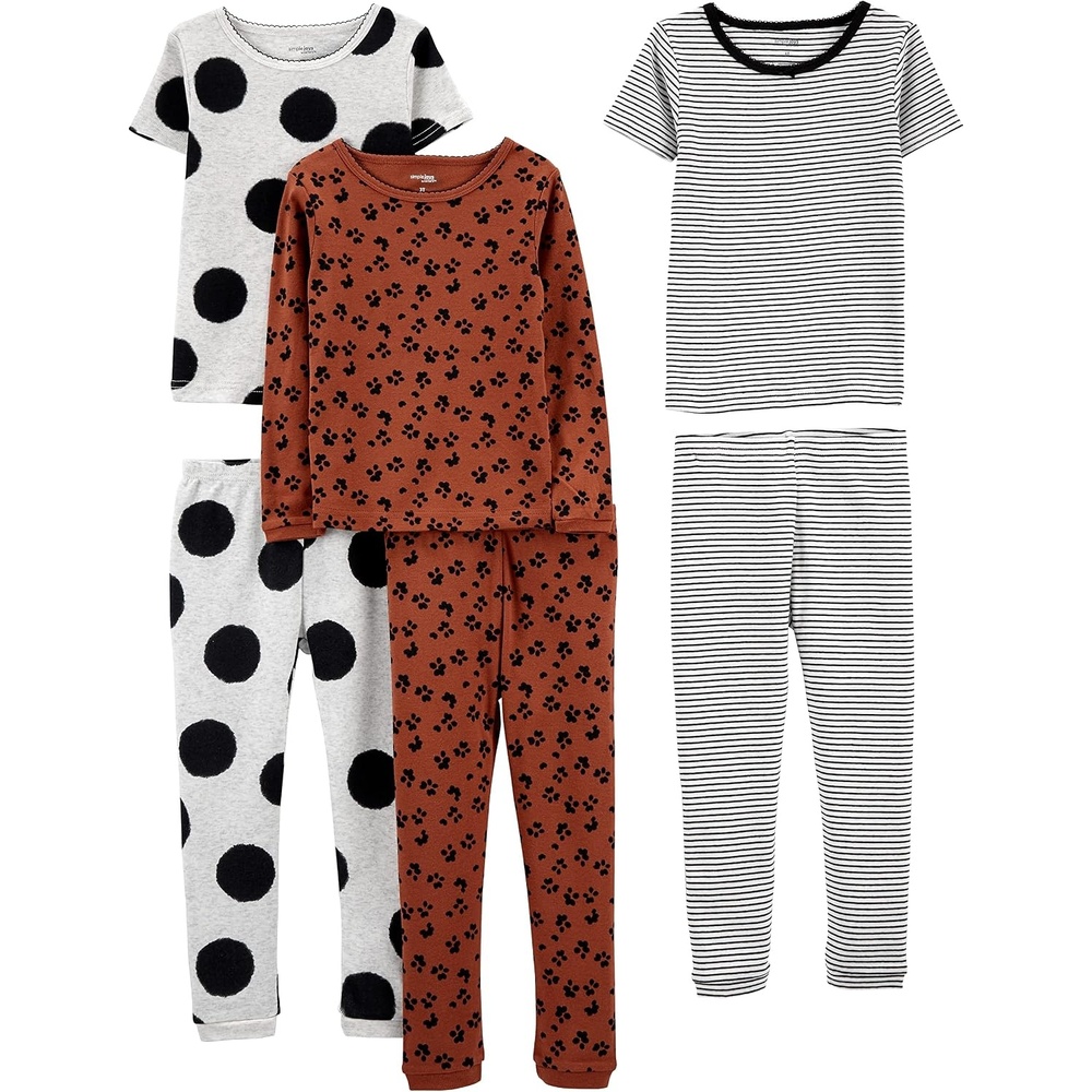 image:imageSimple Joys by Carters girls 6piece Snug Fit Cotton Pajama SetBrown Animal PrintGrey Polka DotWhite Stripe