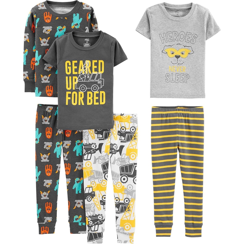 image:imageSimple Joys by Carters girls 6piece Snug Fit Cotton Pajama SetDark Grey MonsterGrey HeroesWhite TrucksStripe