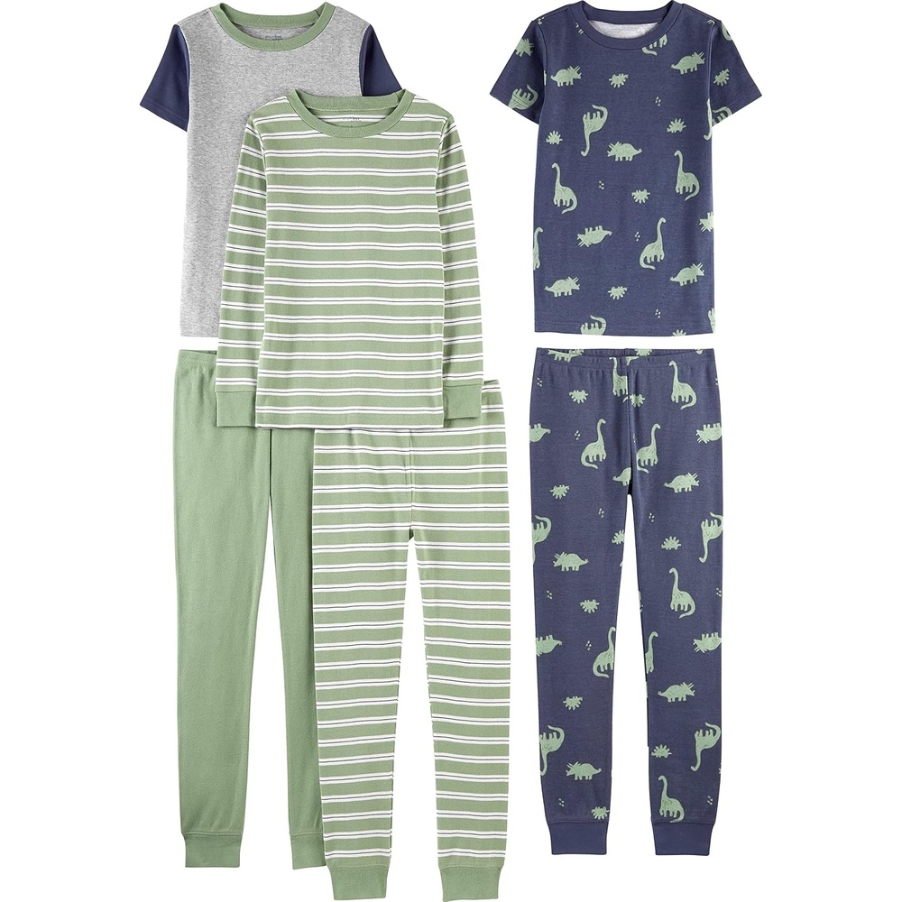 image:imageSimple Joys by Carters girls 6piece Snug Fit Cotton Pajama SetGreen StripeGrey HeatherIndigo Wash Dinosaur
