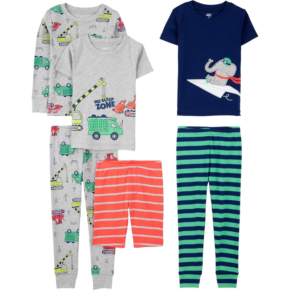 image:imageSimple Joys by Carters girls 6piece Snug Fit Cotton Pajama SetGreen StripeGrey TrucksNavy ElephantOrange Stripe
