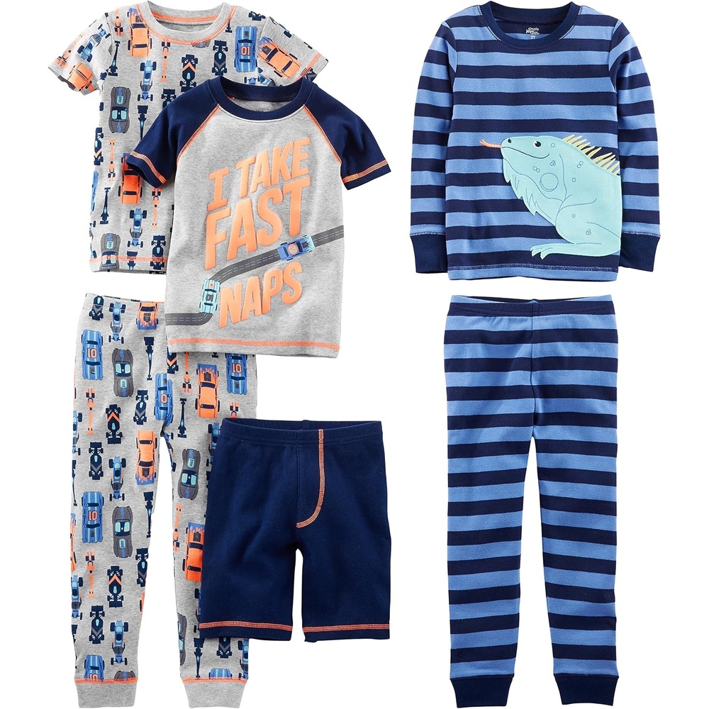image:imageSimple Joys by Carters girls 6piece Snug Fit Cotton Pajama SetGrey CarsNavy StripeText Print