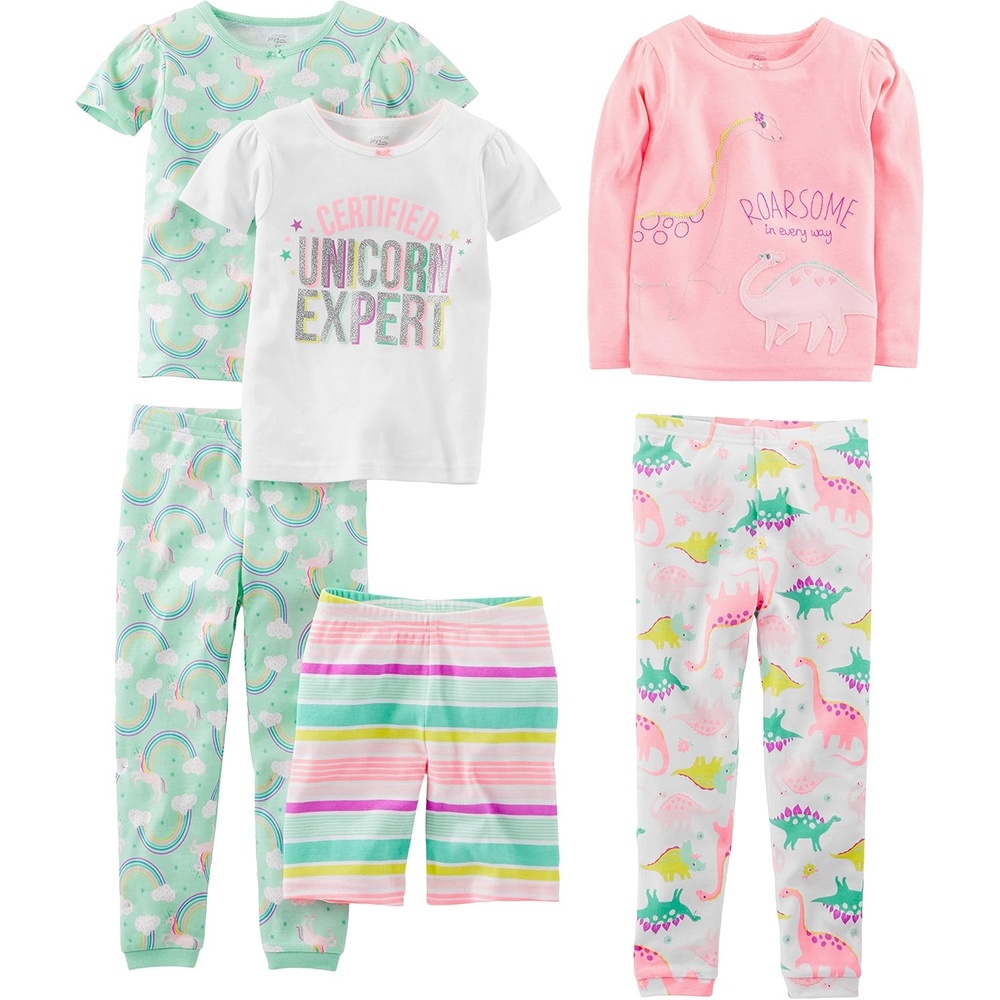 image:imageSimple Joys by Carters girls 6piece Snug Fit Cotton Pajama SetMint Green RainbowPinkWhite DinosaurStripeUnicorn