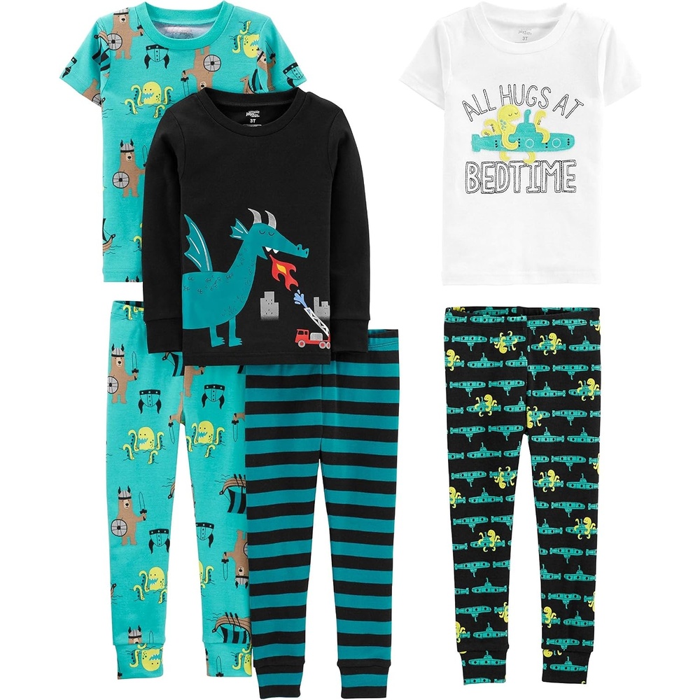 image:imageSimple Joys by Carters girls 6piece Snug Fit Cotton Pajama SetMulticolorBearDragonOctopusStripe