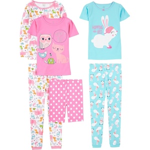 Simple Joys by Carter’s girls 6-piece Snug Fit Cotton Pajama Set(Blue Bunny/Pink Dots/White Forest Animals)